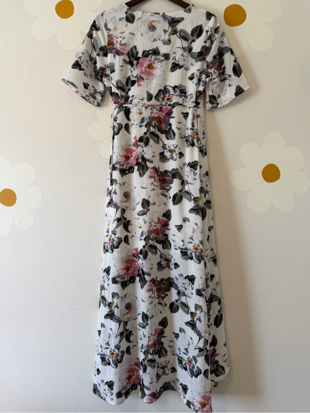 EUC Baltic Born White Pink Floral Wrap Midi Dress with Flutter Sleeves - Picture 6 of 11